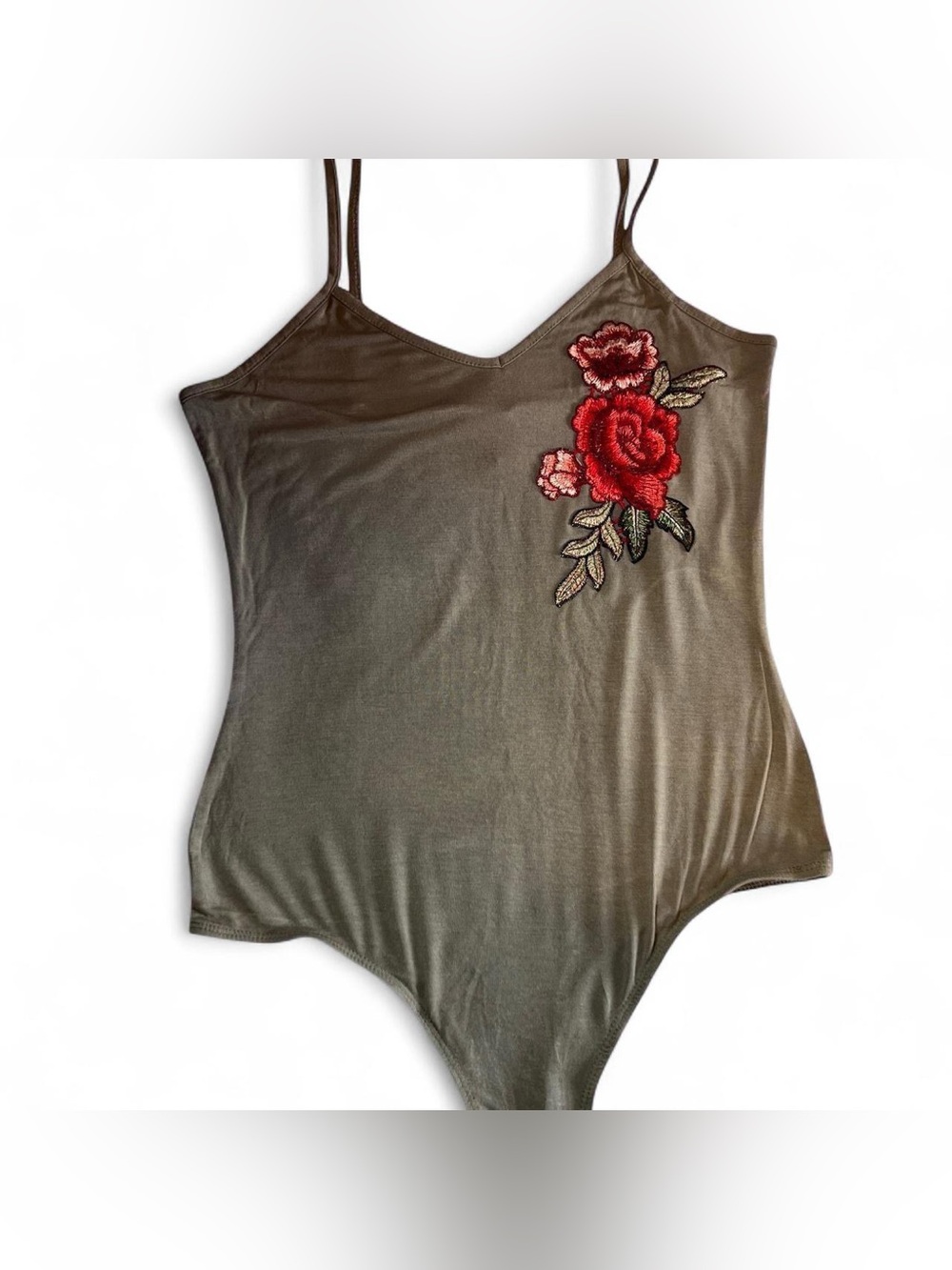 Olive Green Floral Appliqué Cami Bodysuit